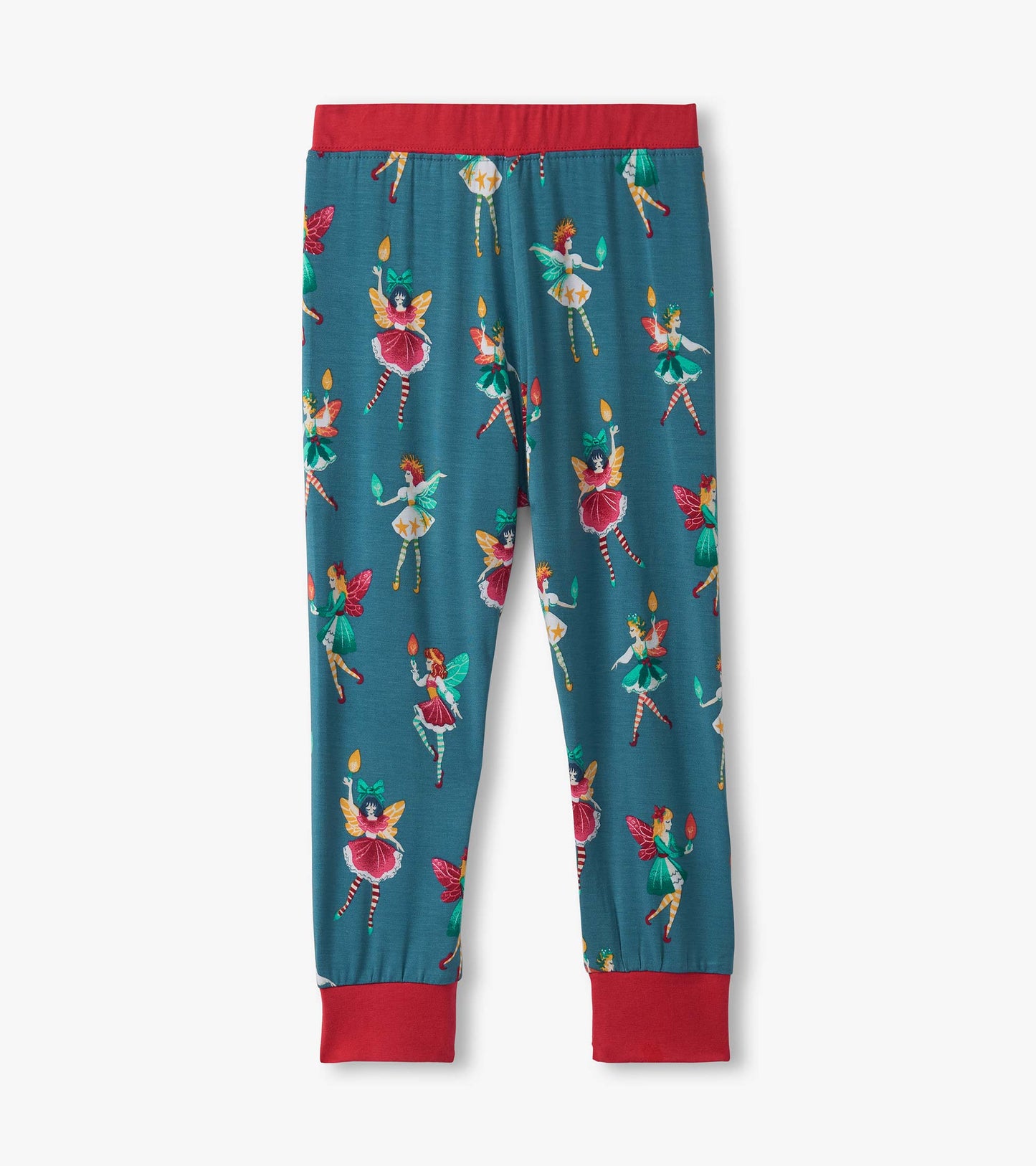 Teal bamboo pajama pants featuring colorful fairy prints and a red elastic waistband.