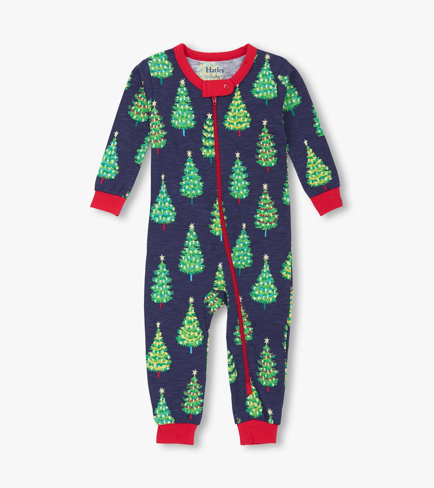 Navy cotton sleeper featuring colorful Christmas tree patterns and red trim, suitable for baby boys aged 0-24 months.