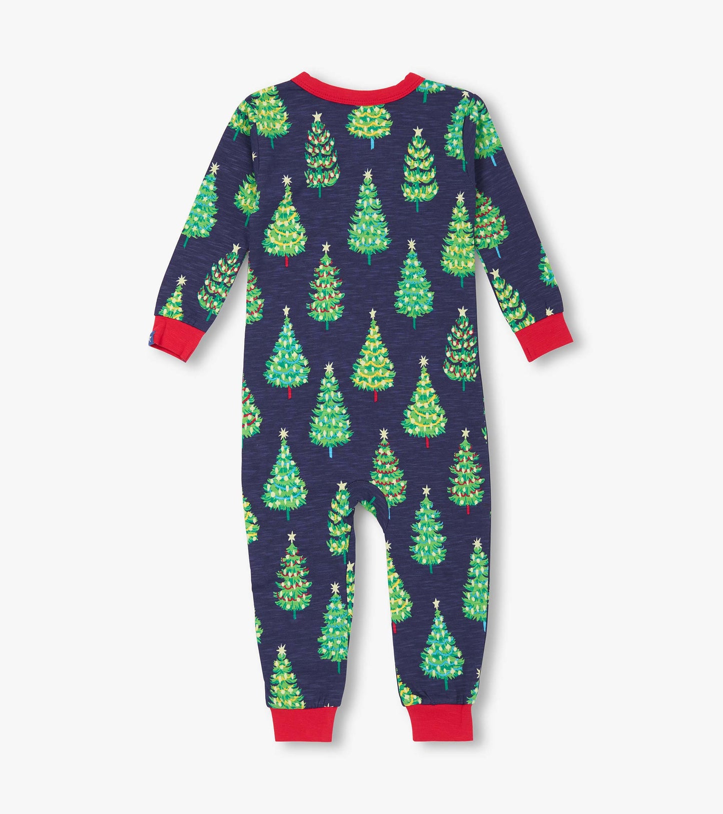 Navy cotton sleeper featuring colorful Christmas tree pattern and red trim, suitable for baby boys aged 0-24 months.