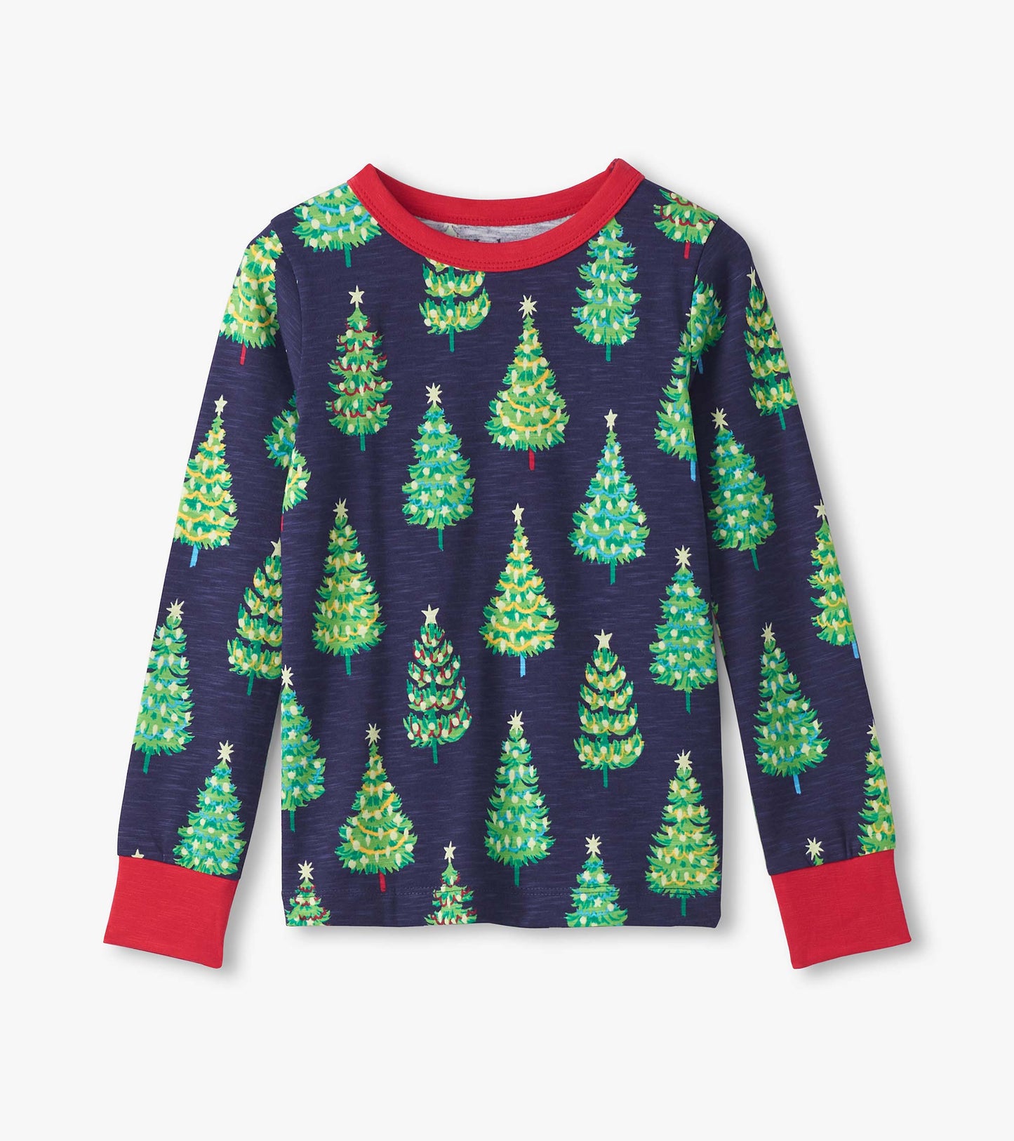 Navy cotton pajama top featuring colorful bottle brush trees and red cuffs. Ideal for cozy sleepwear.