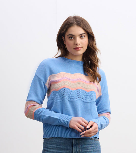 Sky blue sweater featuring a wave pattern in pink and beige, with a relaxed fit and ribbed cuffs.