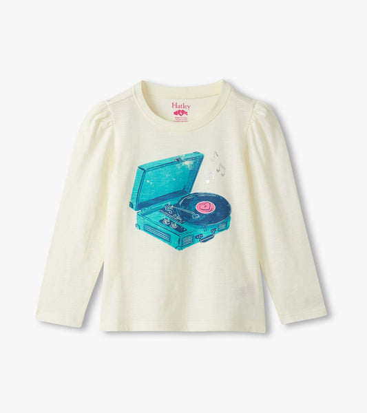 Light yellow long-sleeve tee featuring a graphic of a teal record player with a heart-shaped record.