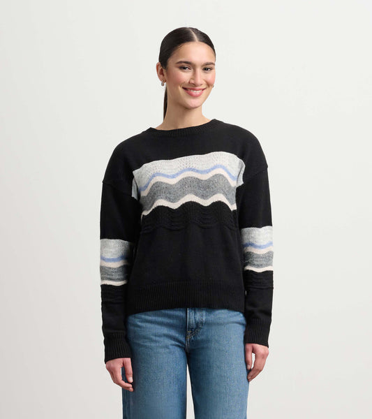 Black pointelle sweater featuring a wavy pattern in gray and blue, styled with relaxed fit and long sleeves.