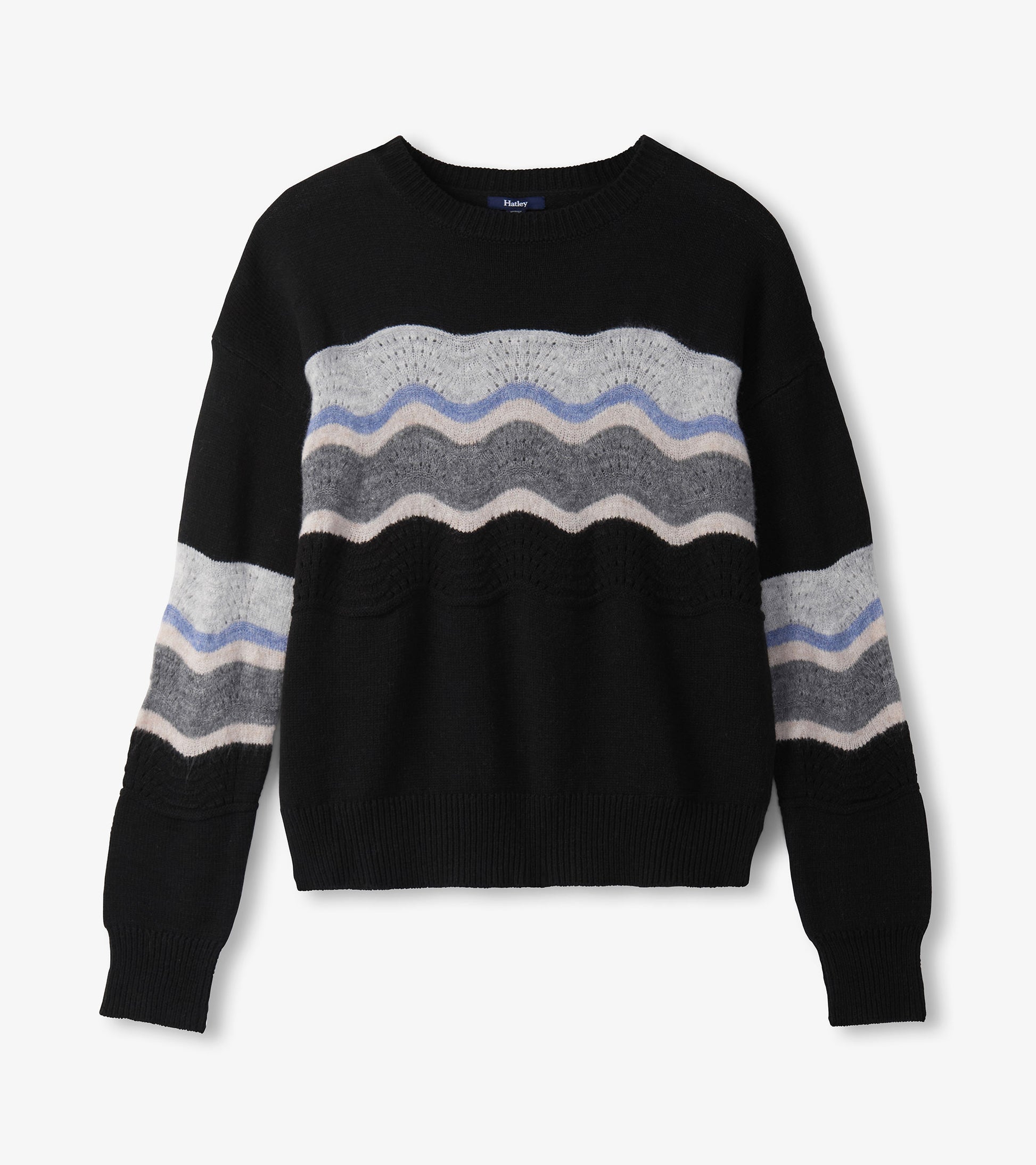 Black pointelle sweater featuring a wavy pattern in gray, light gray, and blue, with a relaxed fit and long sleeves.