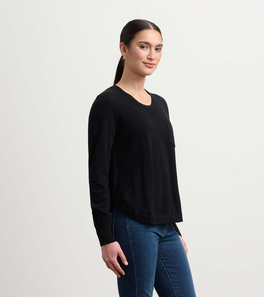 Black long-sleeve sweater with a round neckline and a front pocket, styled with fitted jeans.