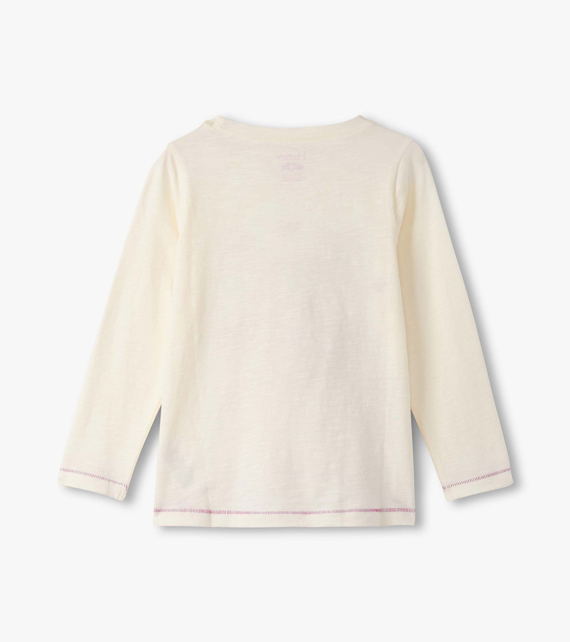 Cream long sleeve tee with a relaxed fit and purple stitching at the hem and cuffs, featuring a simple back design.