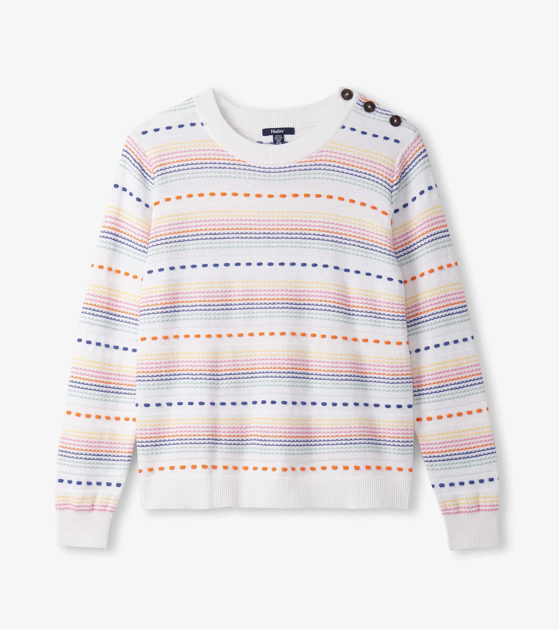 White sweater featuring colorful horizontal stripes in orange, pink, blue, and purple, with button details on the shoulder.