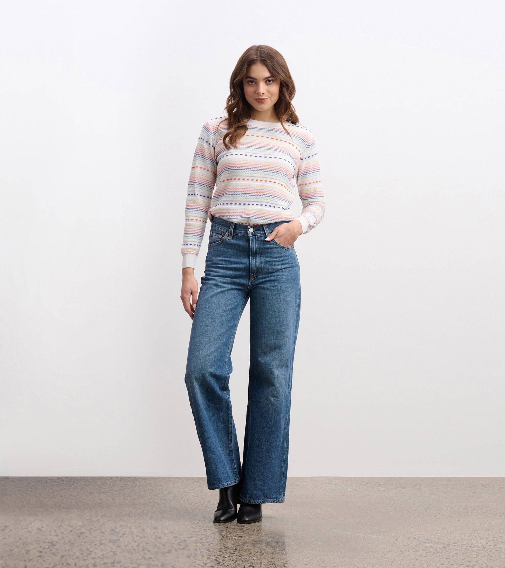 Multicolored striped sweater with long sleeves, paired with high-waisted blue jeans and black ankle boots.