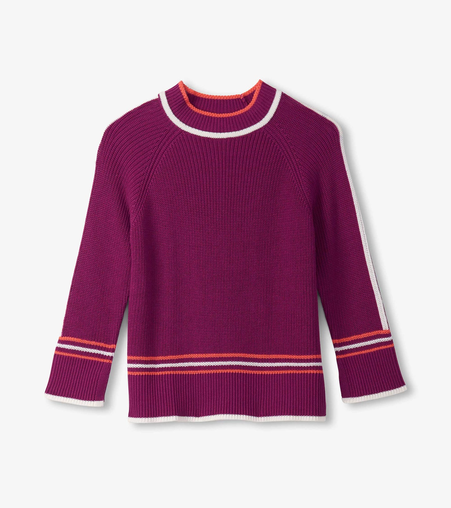 Raglan pullover in crushed grape with contrasting white and orange stripes on the neckline and sleeves.