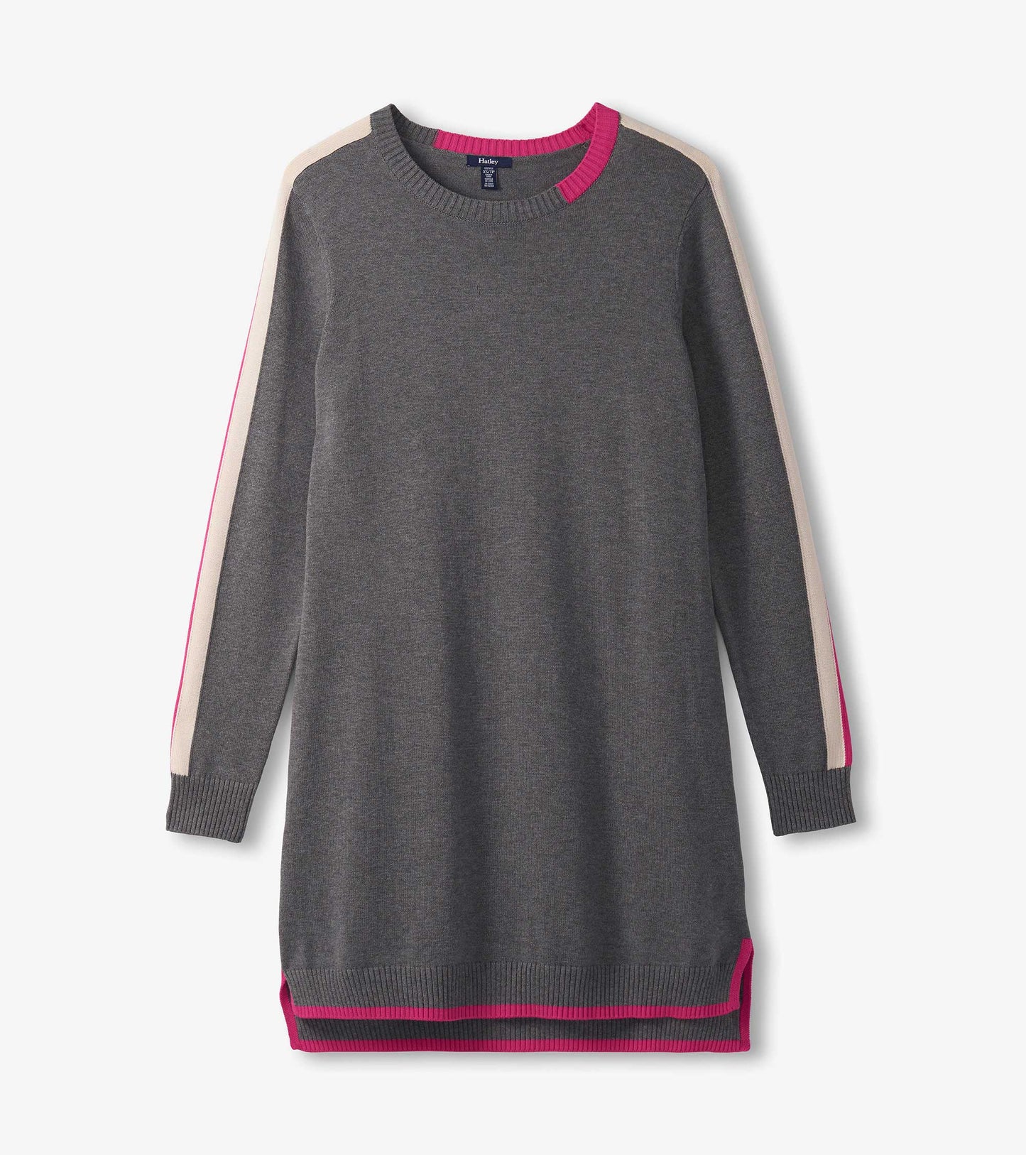 Charcoal sweater dress with contrast pink and beige trim, featuring a crew neck and long sleeves.