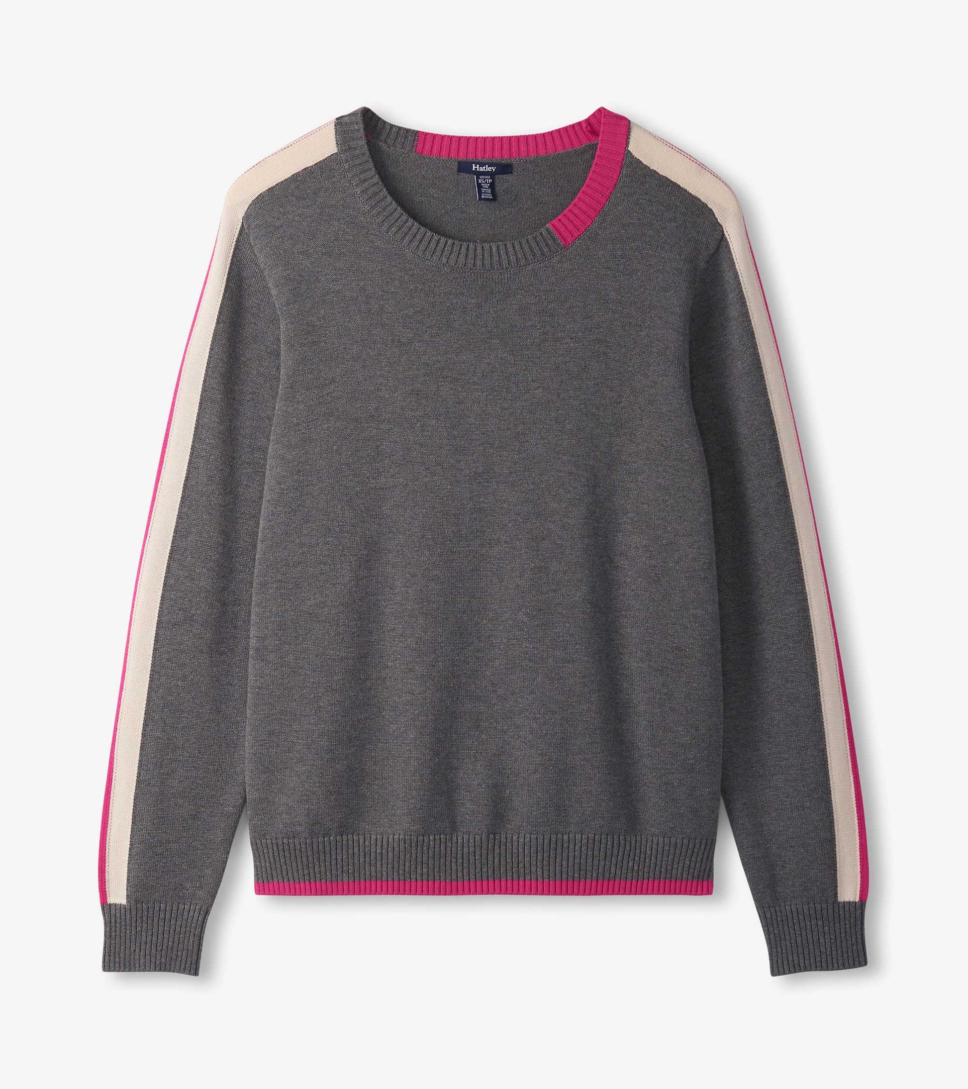 Charcoal sweater featuring contrast trim in pink and cream, with a crew neckline and ribbed cuffs.