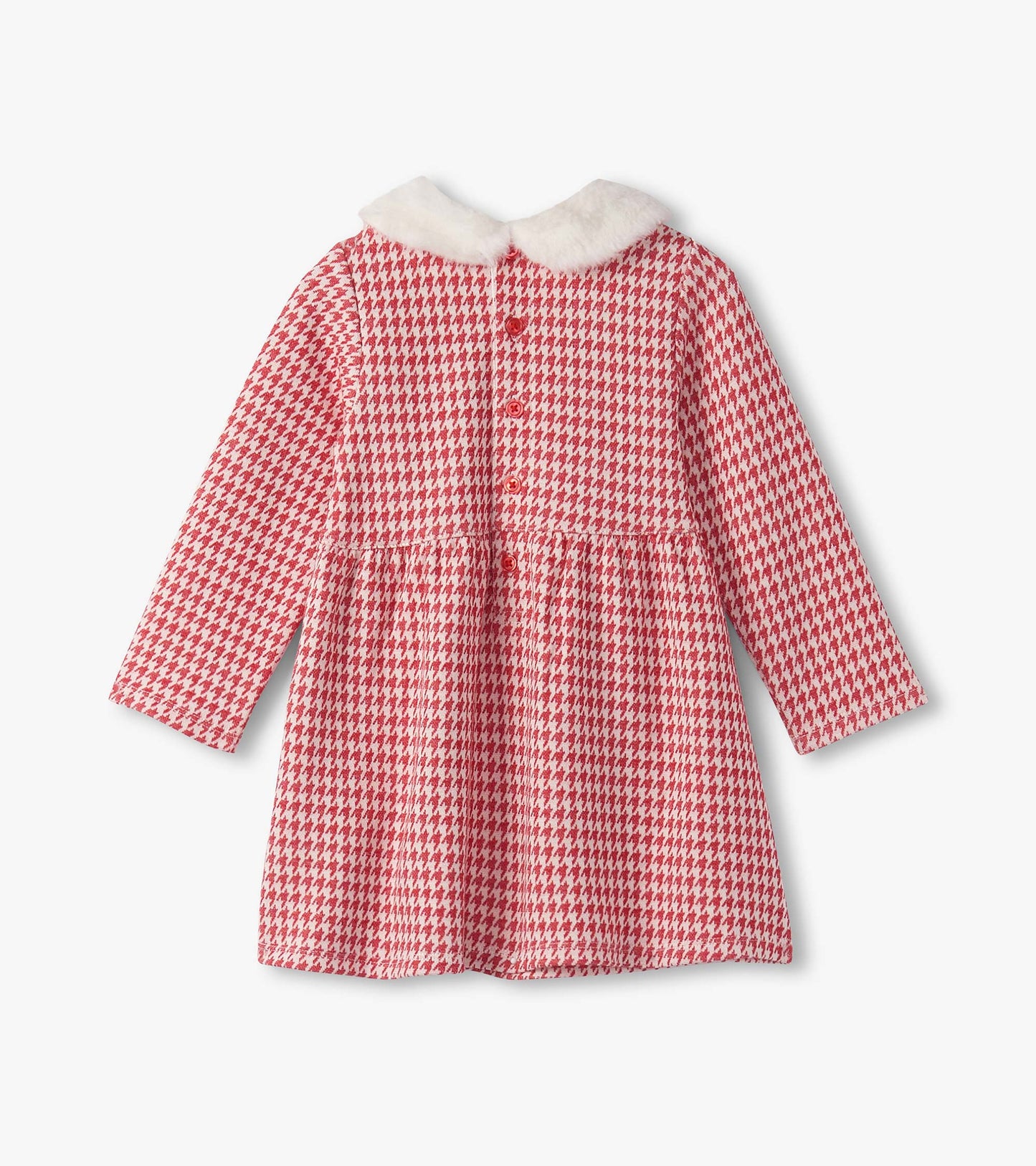 Red houndstooth dress with long sleeves and a white faux fur collar, featuring a button closure at the back.