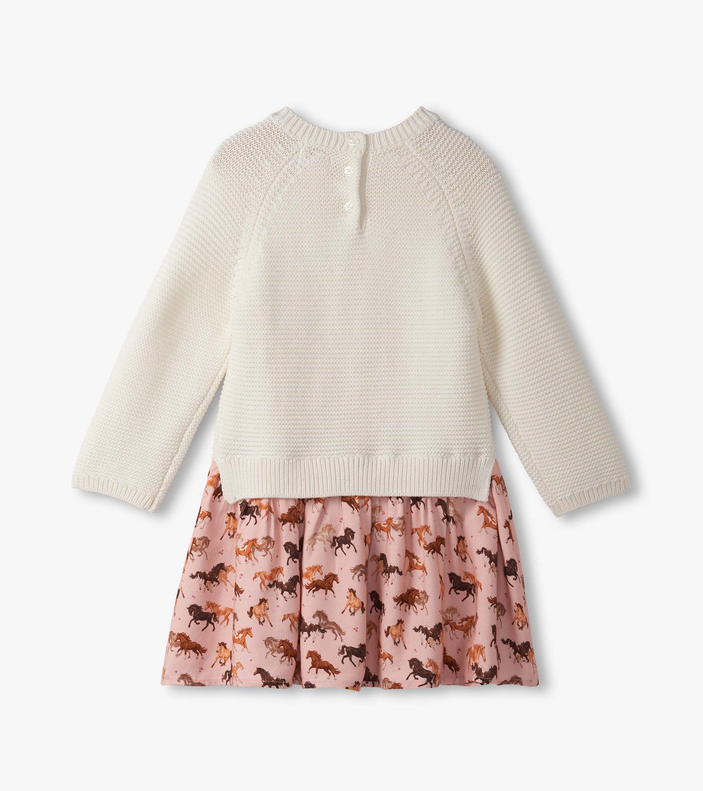 Cream knitted sweater top with a pink skirt featuring a horse print, suitable for baby and toddler girls.