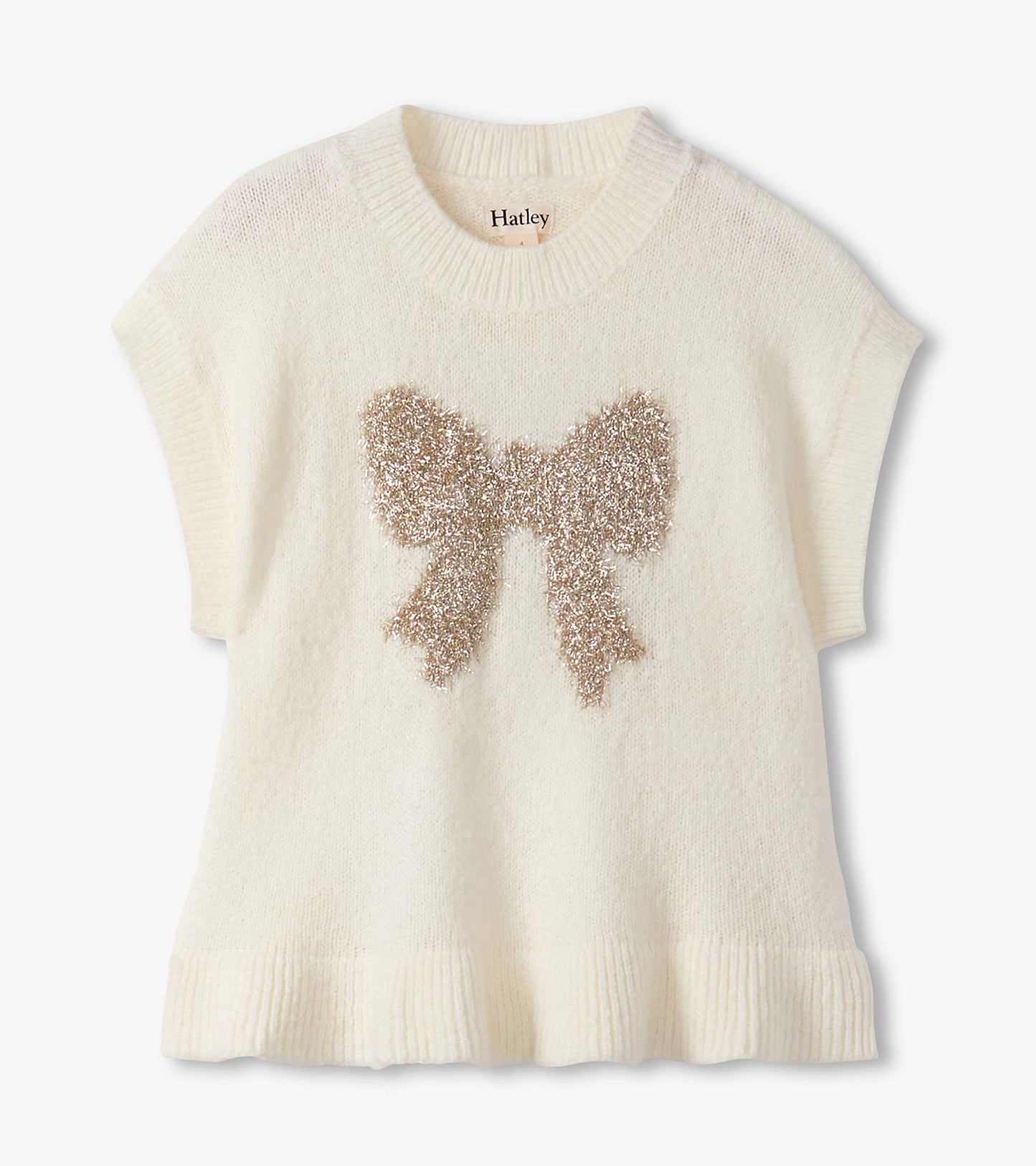 Cream sweater vest featuring a sparkly gold bow design on the front and a ribbed hem. Short sleeves and soft material.
