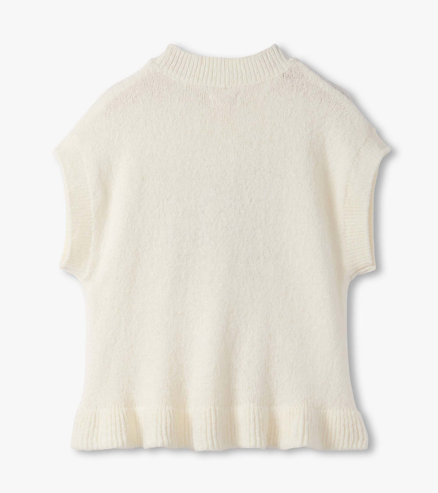 Cream-colored sleeveless sweater vest with a ribbed hem and high neckline, showcasing a soft knit texture.