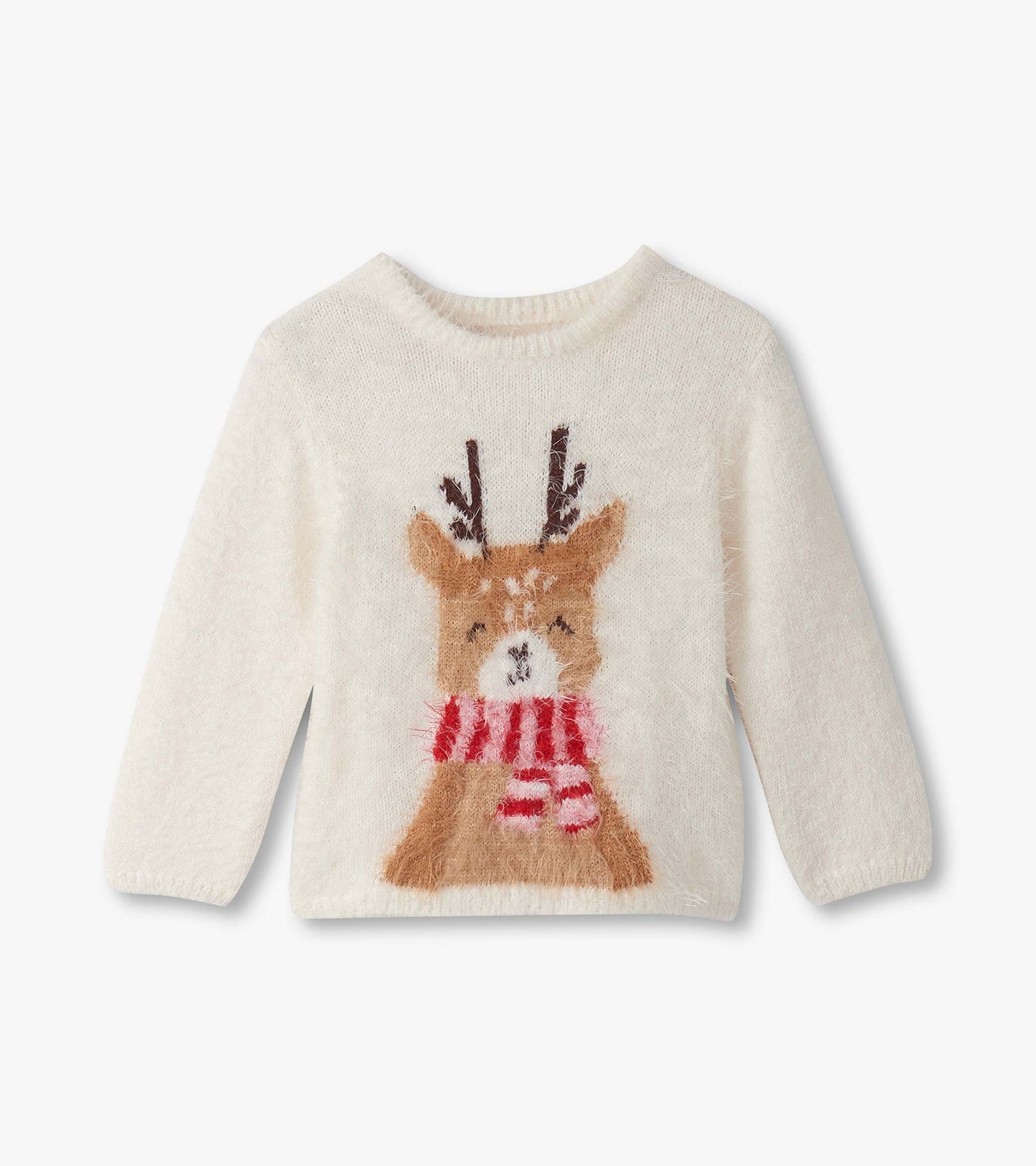 Cream fuzzy sweater featuring a reindeer design with antlers and a red striped scarf. Suitable for baby and toddler girls.