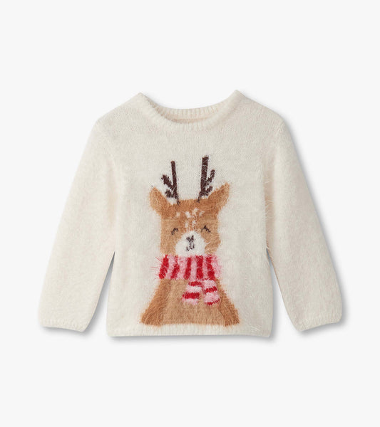 Cream fuzzy sweater featuring a reindeer design with antlers and a red striped scarf. Suitable for baby and toddler girls.