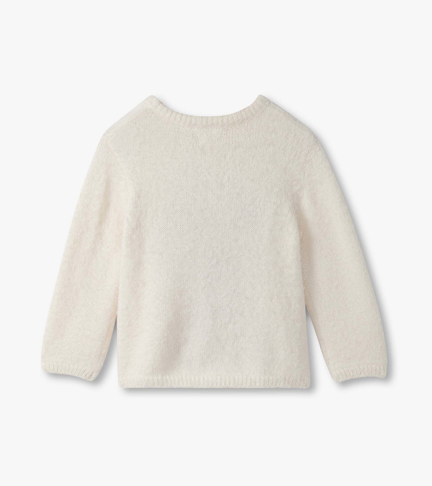 Cream-colored, soft, furry sweater for baby and toddler girls with long sleeves and a round neckline.