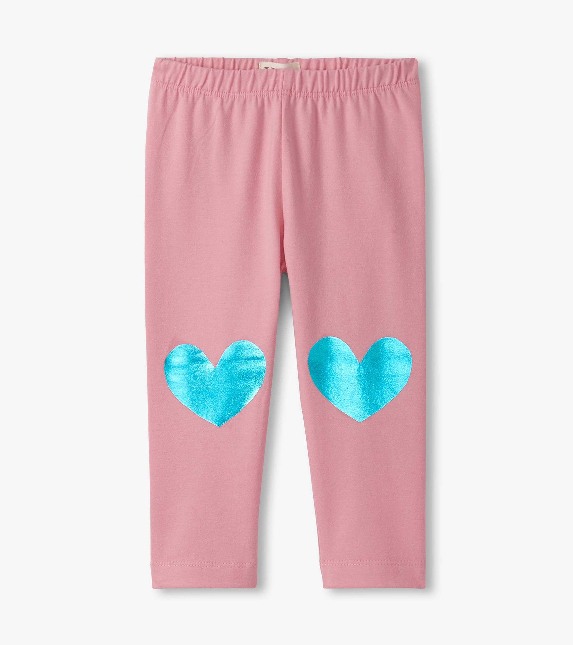 Pink leggings featuring shiny blue heart designs on the knees, with an elastic waistband for comfort.