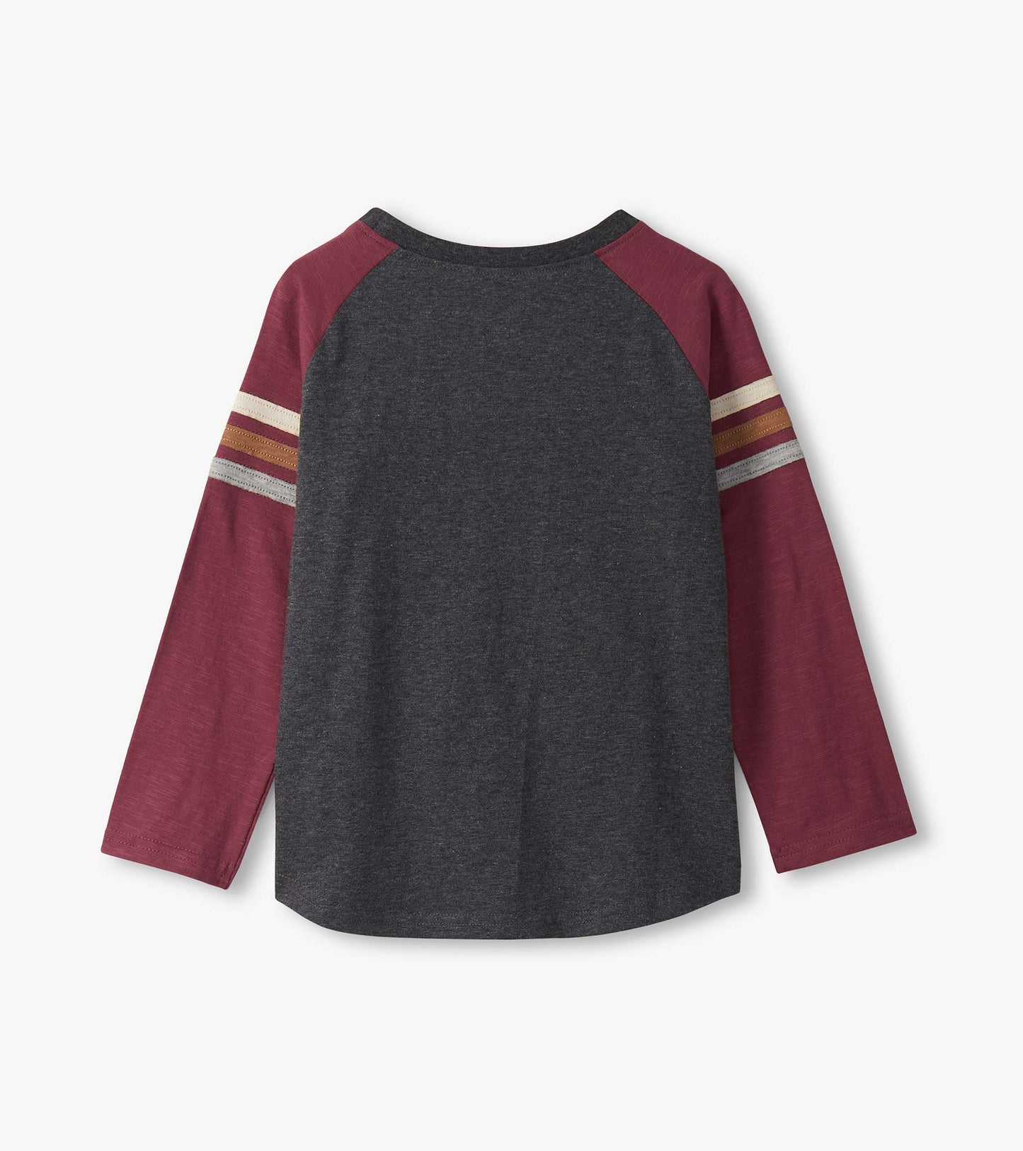 Long sleeve raglan t-shirt featuring a dark gray body and maroon sleeves with striped accents.