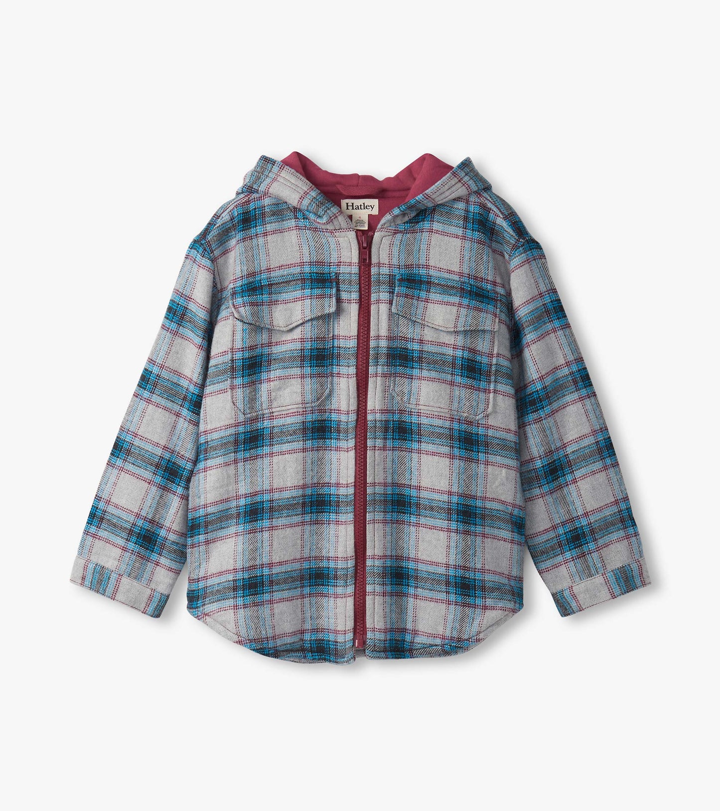 Charcoal and maroon plaid hooded jacket with a front zipper and two chest pockets.