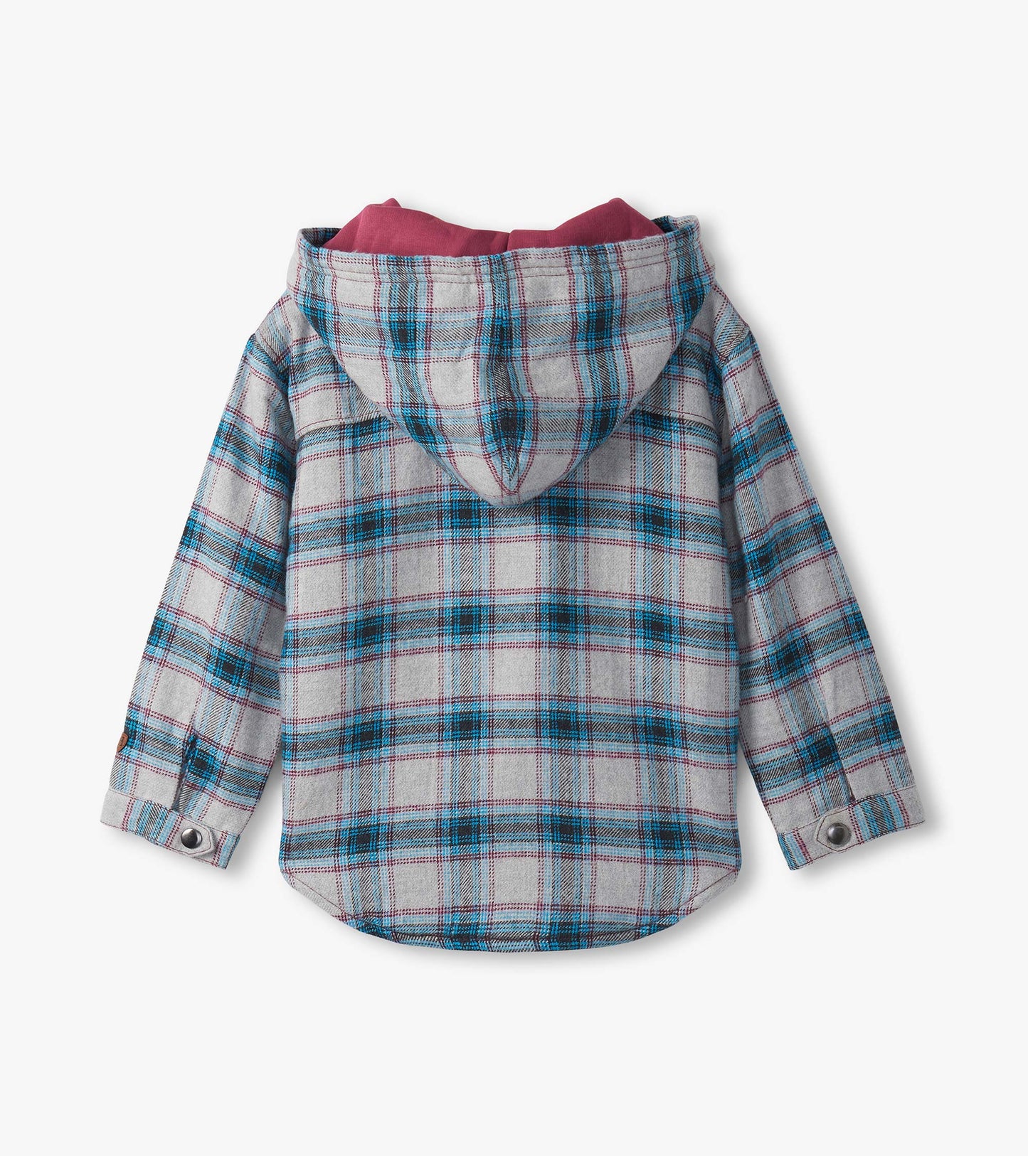 Charcoal and maroon plaid hooded jacket with a lined interior, featuring long sleeves and a curved hem.