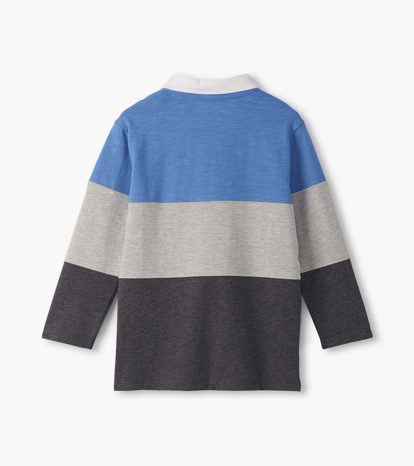 Long sleeve polo shirt featuring blue, grey, and dark grey color blocks with a white collar. Back view shown.