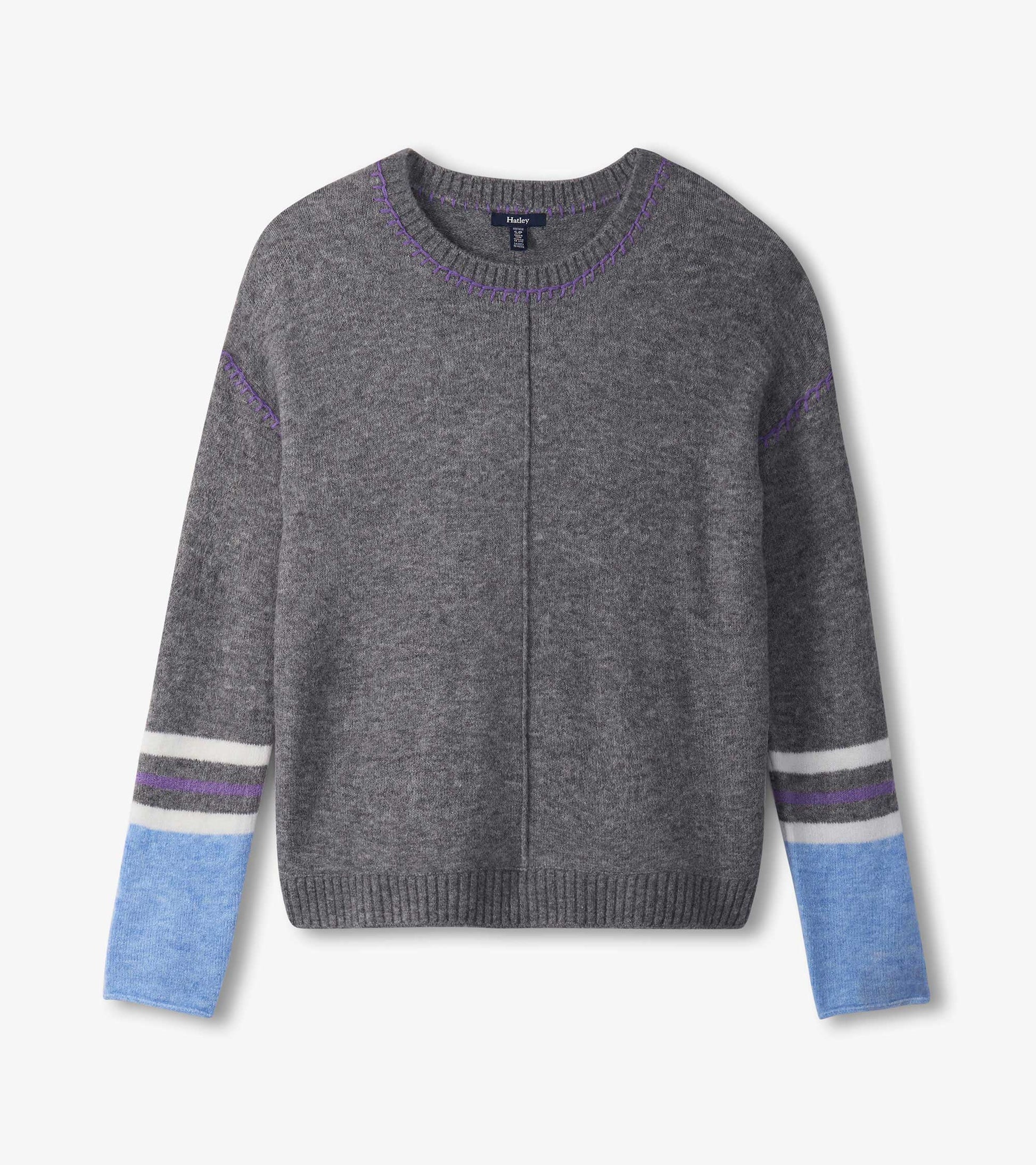 Charcoal melange sweater with purple stitching and blue striped sleeves, featuring a relaxed fit and crew neckline.