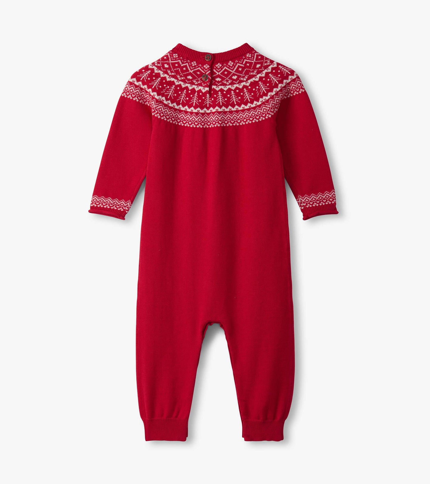 Red Fair Isle sweater romper with long sleeves and button closure at the back, featuring a festive knitted pattern.