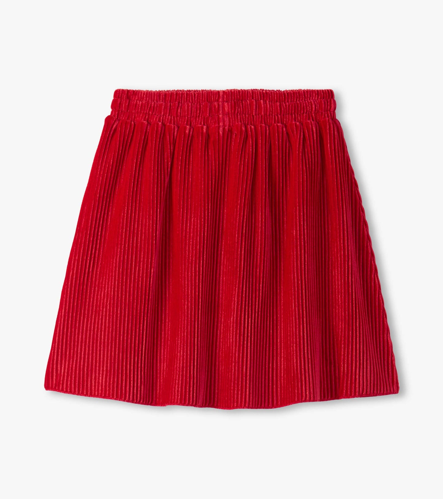 Red pleated velour skirt with an elastic waistband, suitable for girls.