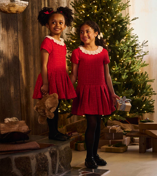 Robe plissée à col dentelé – Chex rouge