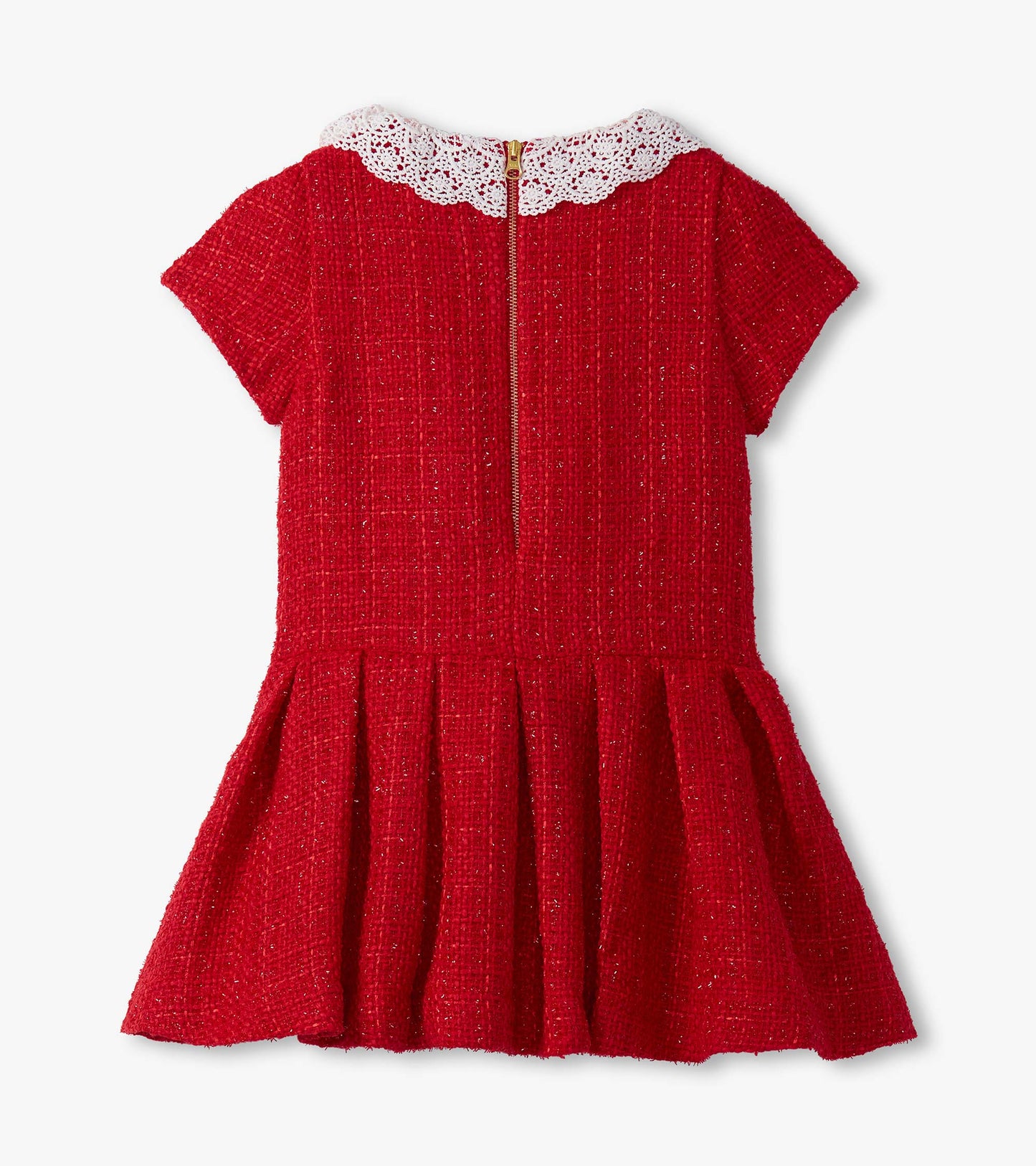 Red boucle dress with pleated skirt and white lace collar, featuring a back zipper closure.