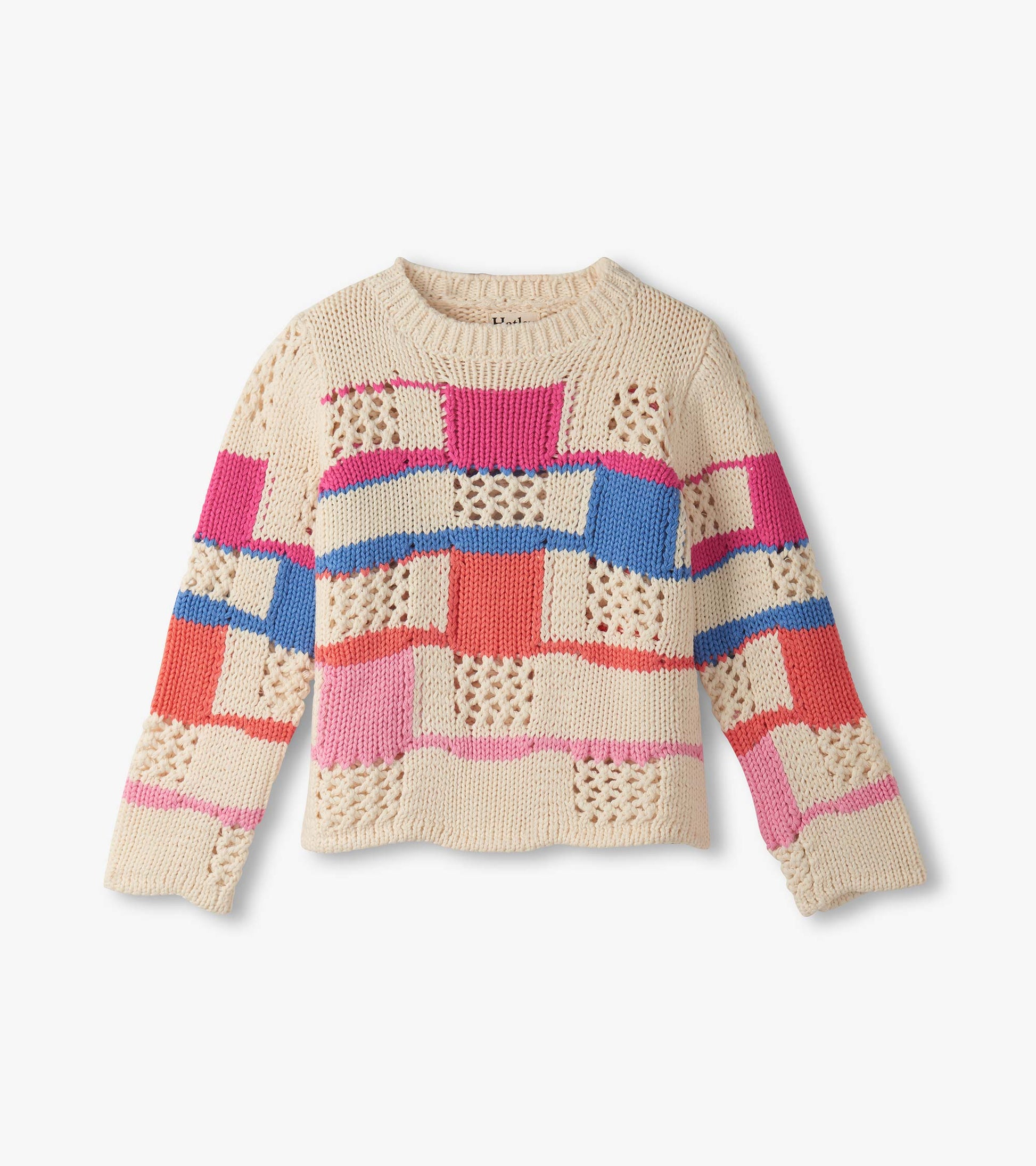 Cream sweater with colorful patchwork design, featuring pink, blue, and red hues, and a round neckline.