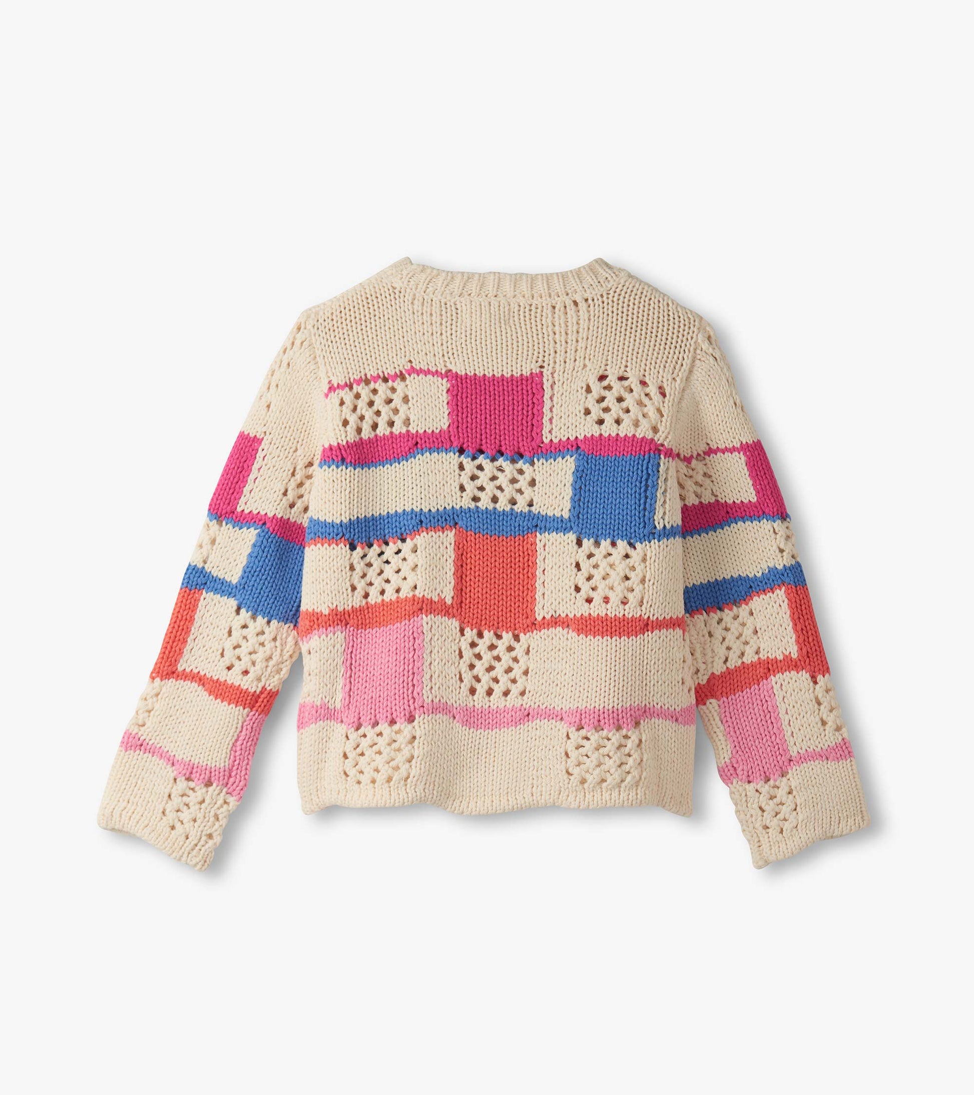 Cream-colored sweater with a mix of colorful patchwork patterns and open knit details, featuring long sleeves.