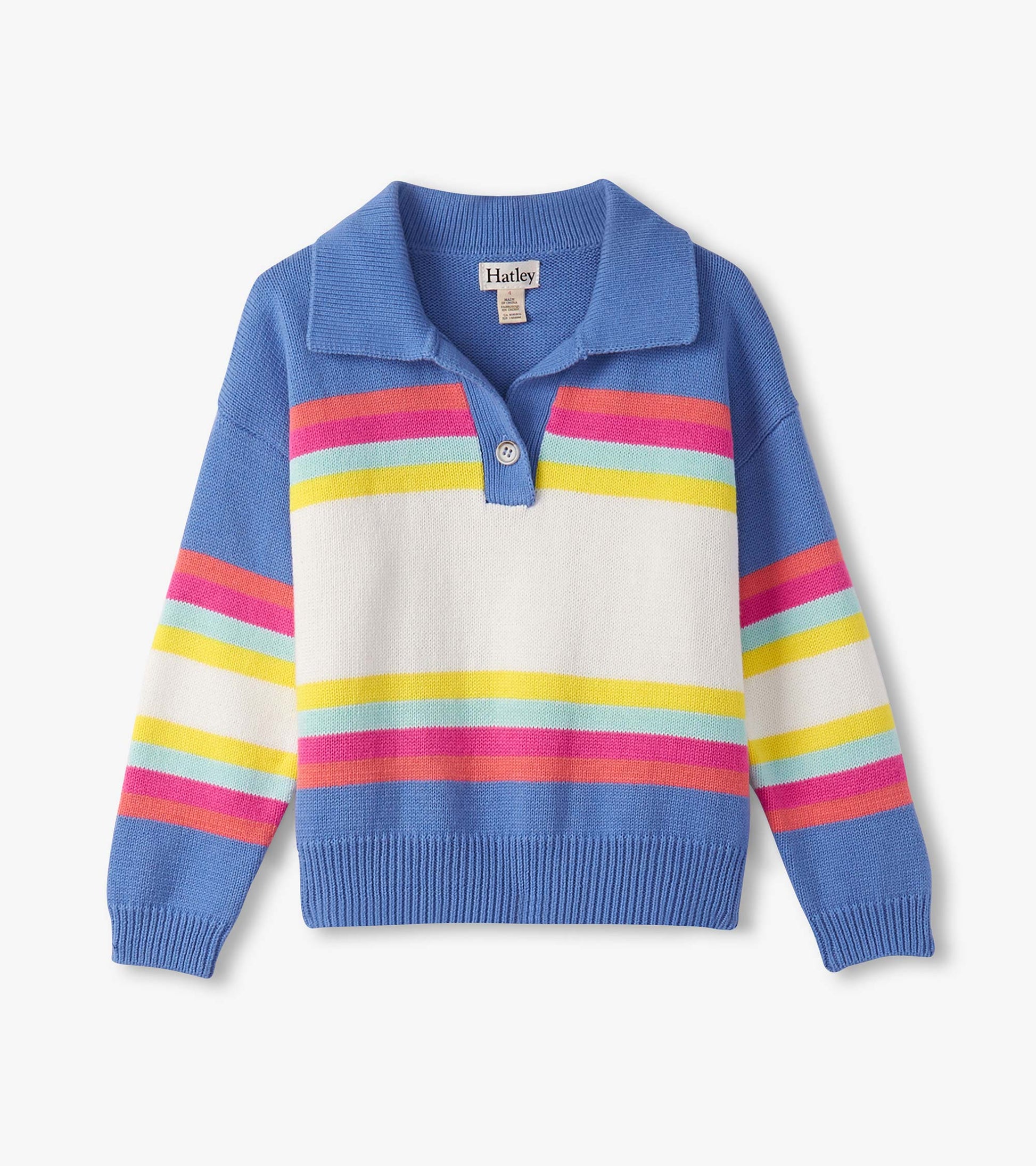 Colorblock sweater featuring blue, white, and vibrant stripes in pink, yellow, and aqua with a Johnny collar and button.