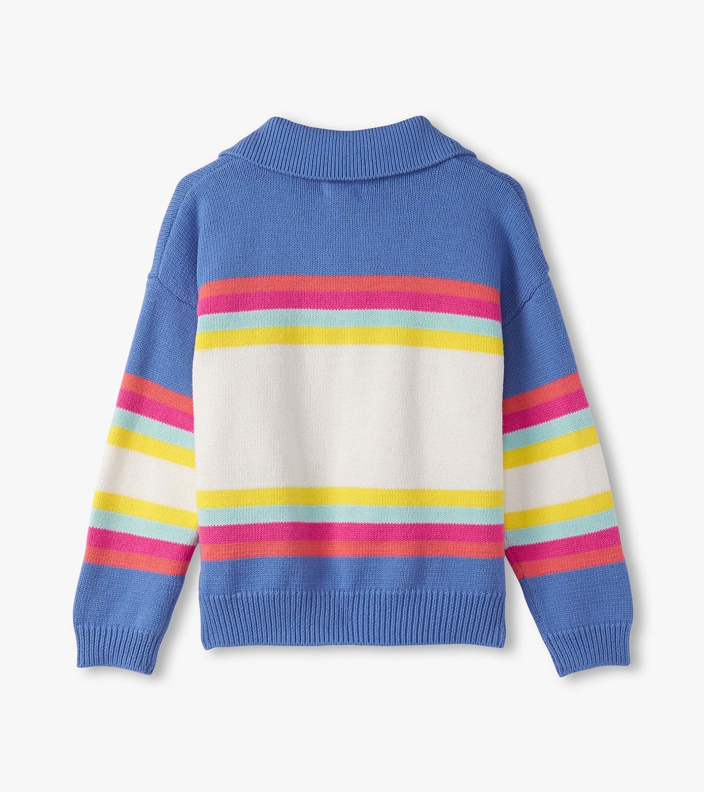 Colorblock sweater featuring blue, white, and vibrant stripes in pink, yellow, and light blue. Johnny collar design.