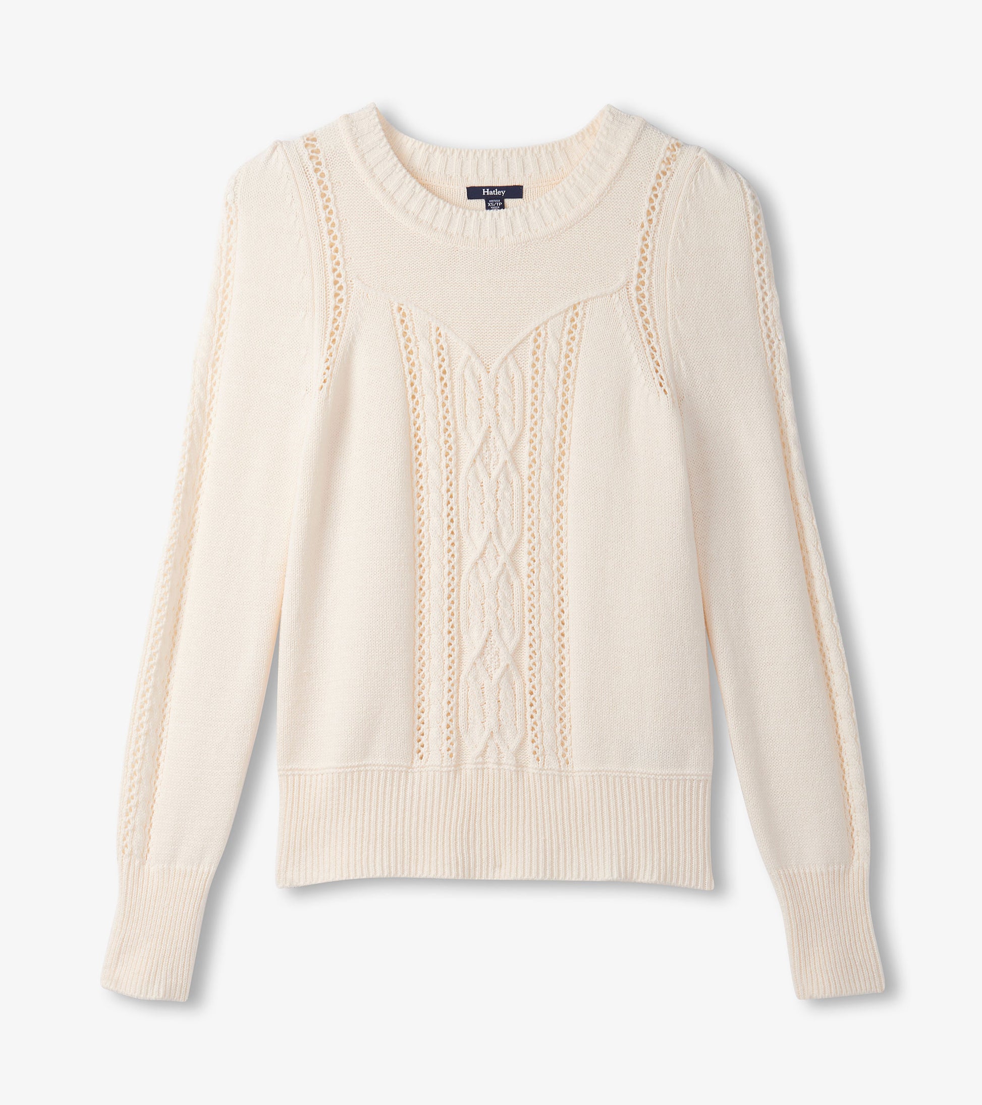 Cream sweater featuring a textured knit pattern and ribbed cuffs, designed for a relaxed fit.