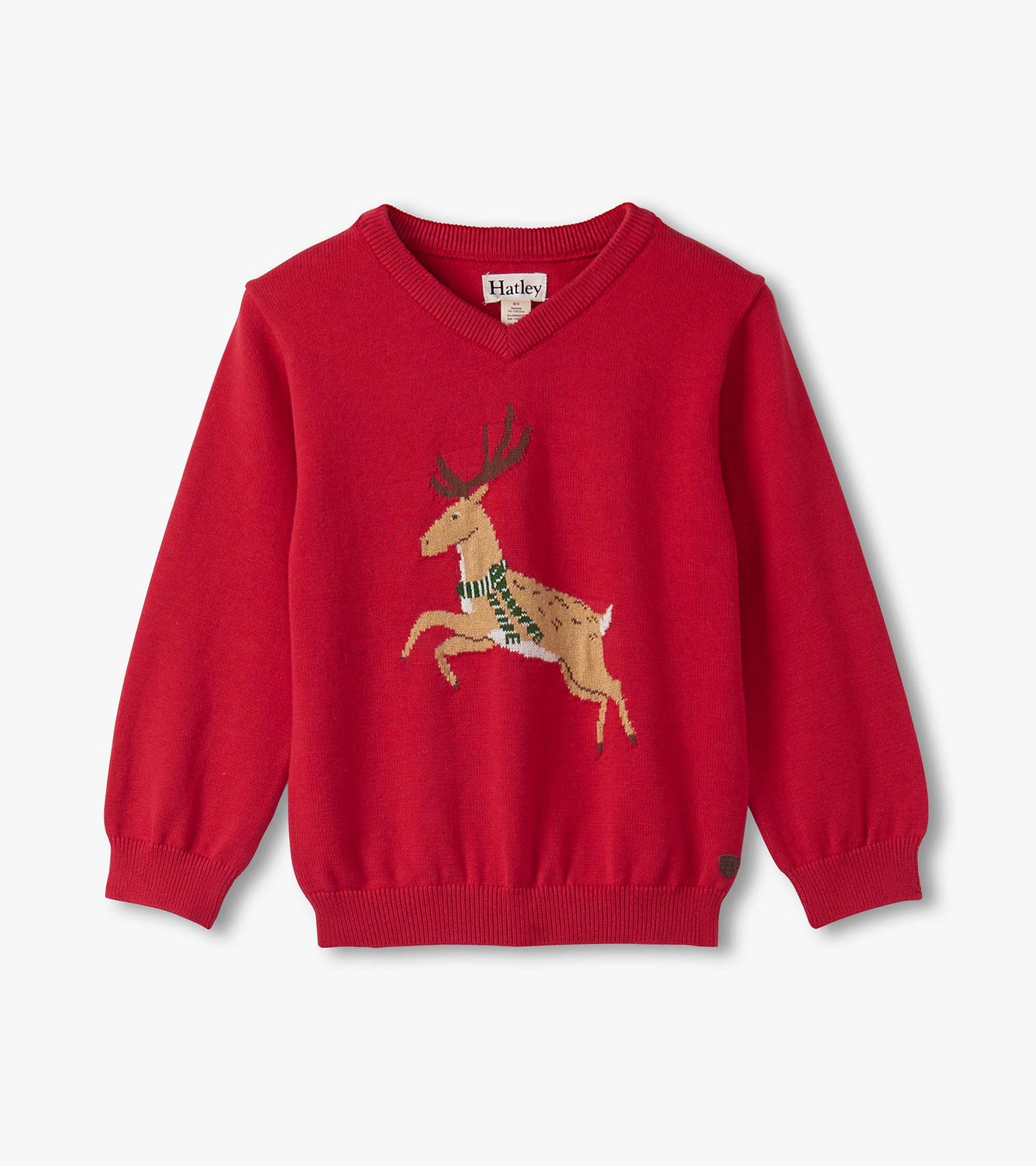 Red V-neck sweater for baby and toddler boys featuring a leaping deer design with a green and white scarf.