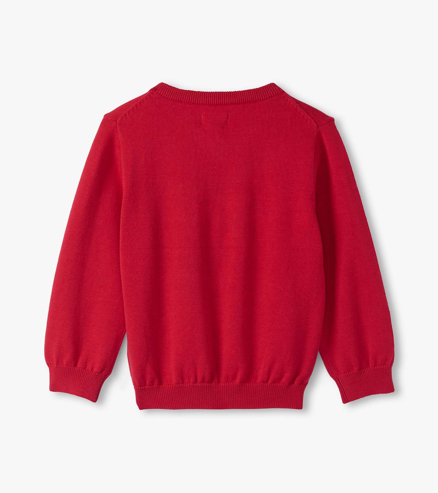 Red V-neck sweater for baby and toddler boys, featuring long sleeves and a ribbed hem, viewed from the back.