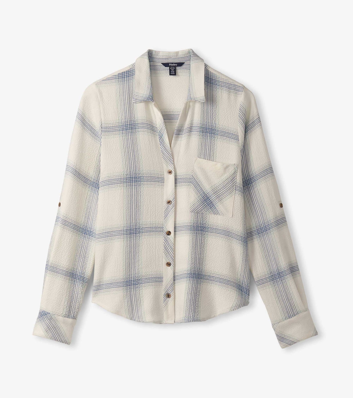 Turquoise plaid button-down shirt with long sleeves and a chest pocket, featuring a relaxed fit and collar.