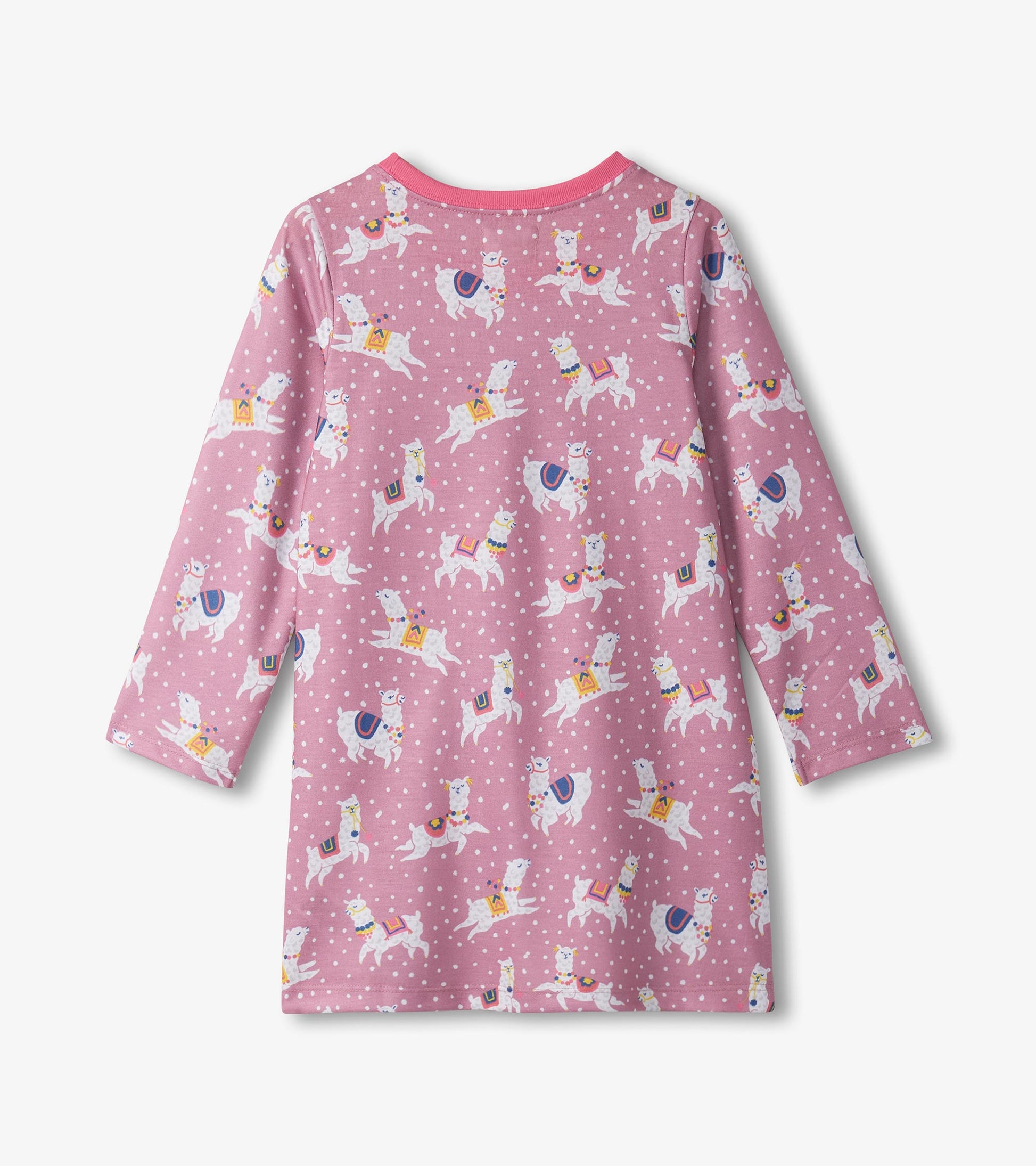 Pink long sleeve nightdress featuring a playful alpaca pattern and polka dots, perfect for cozy sleepwear.
