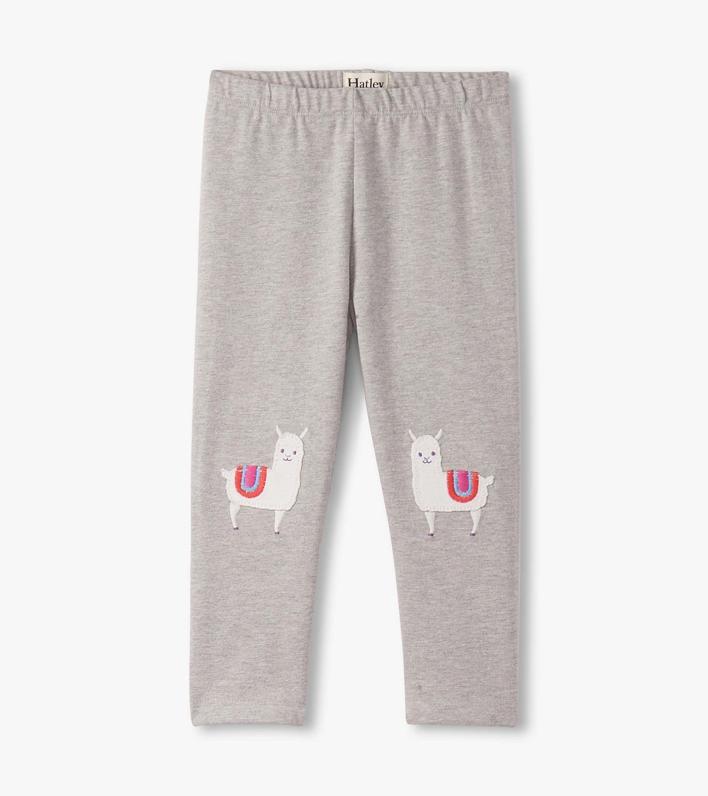 Gray leggings featuring embroidered dancing alpacas on each leg, designed for baby and toddler girls.