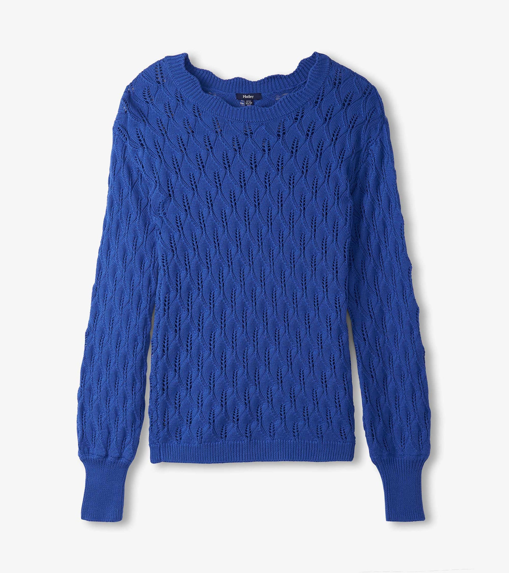 Denim blue knitted sweater featuring a textured pattern and long sleeves, with a round neckline.