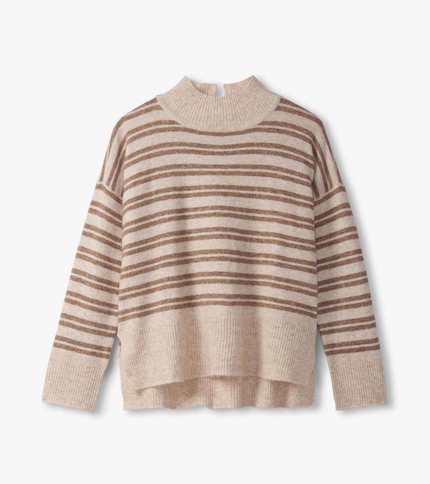 Mock neck sweater in camel with double stripes, featuring a relaxed fit and ribbed hem.