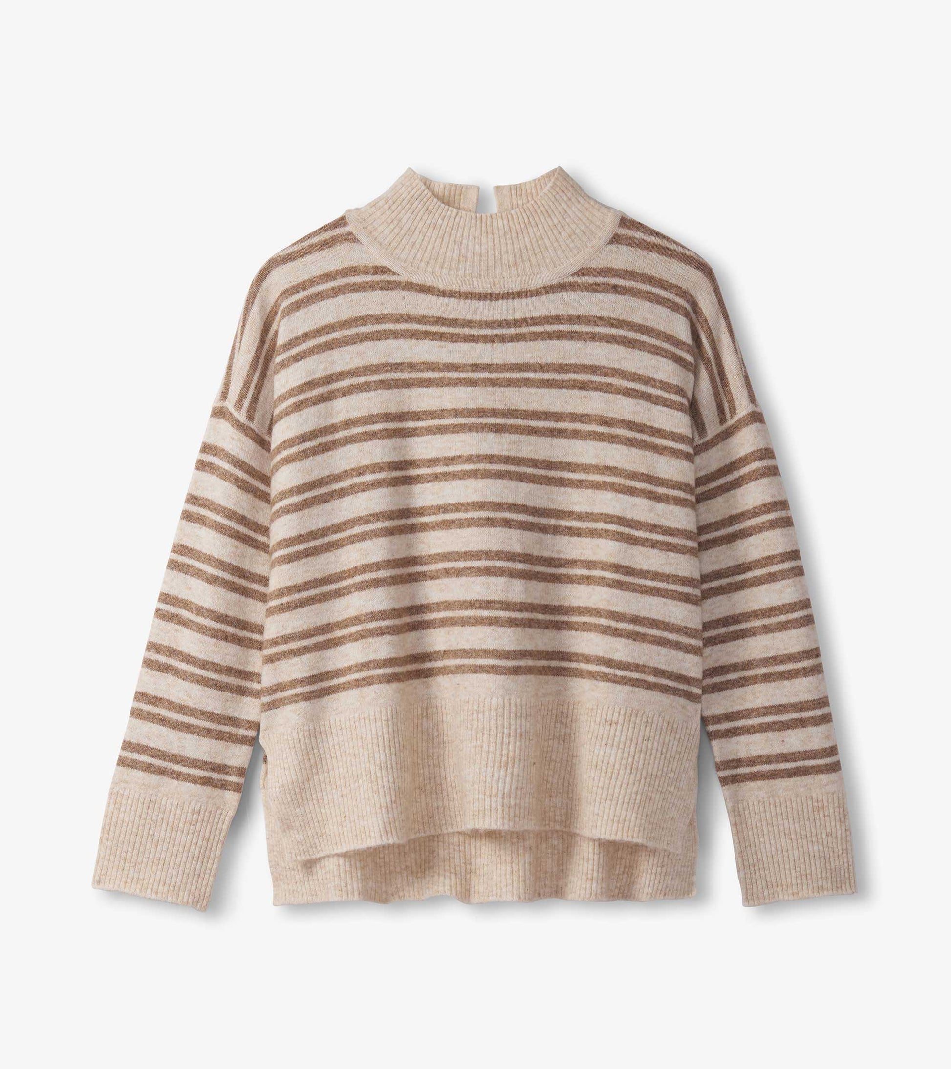 Mock neck sweater in camel with double stripes, featuring a relaxed fit and ribbed hem.