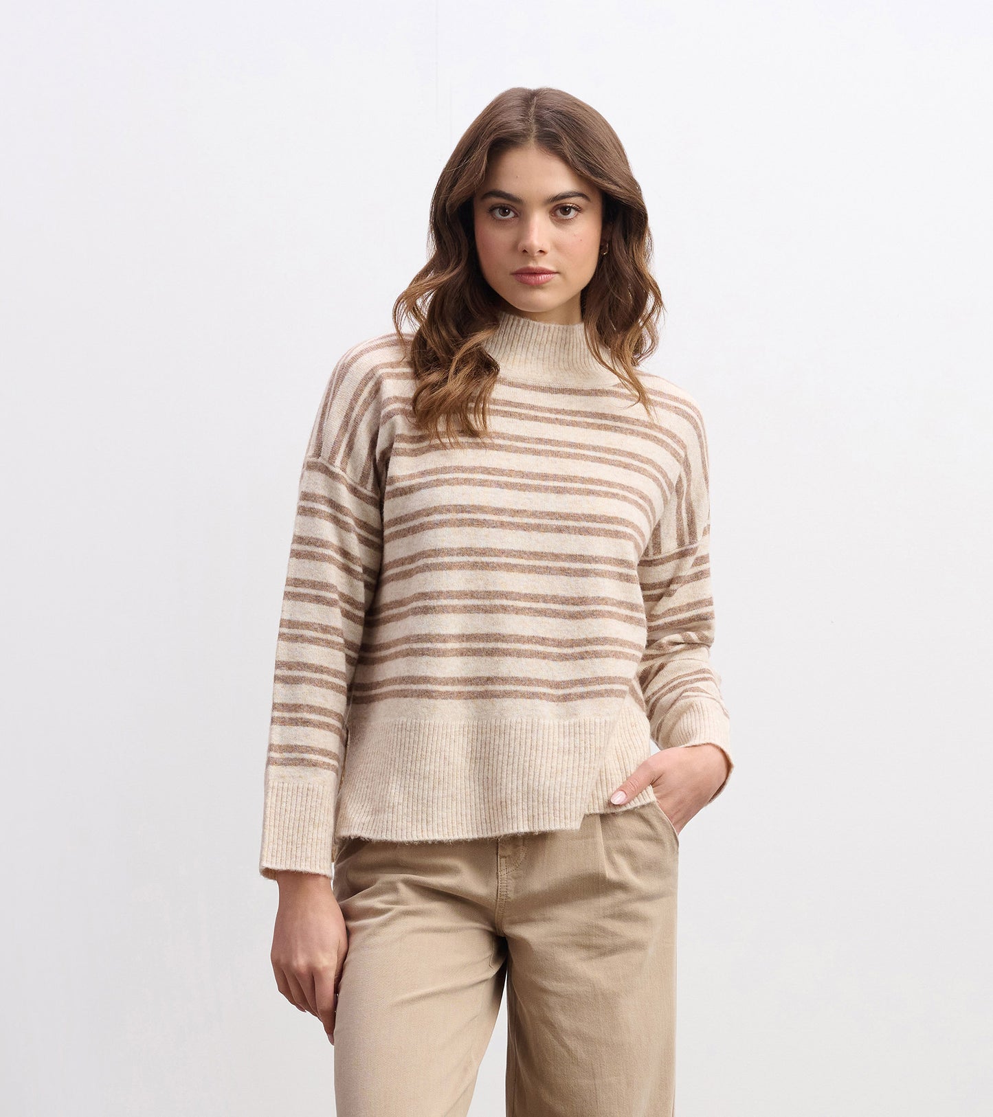 Mock Neck Sweater - Double Stripe Camel