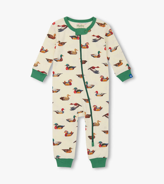 Cream cotton sleeper featuring colorful duck decoy prints, with green trim and long sleeves, suitable for baby boys.