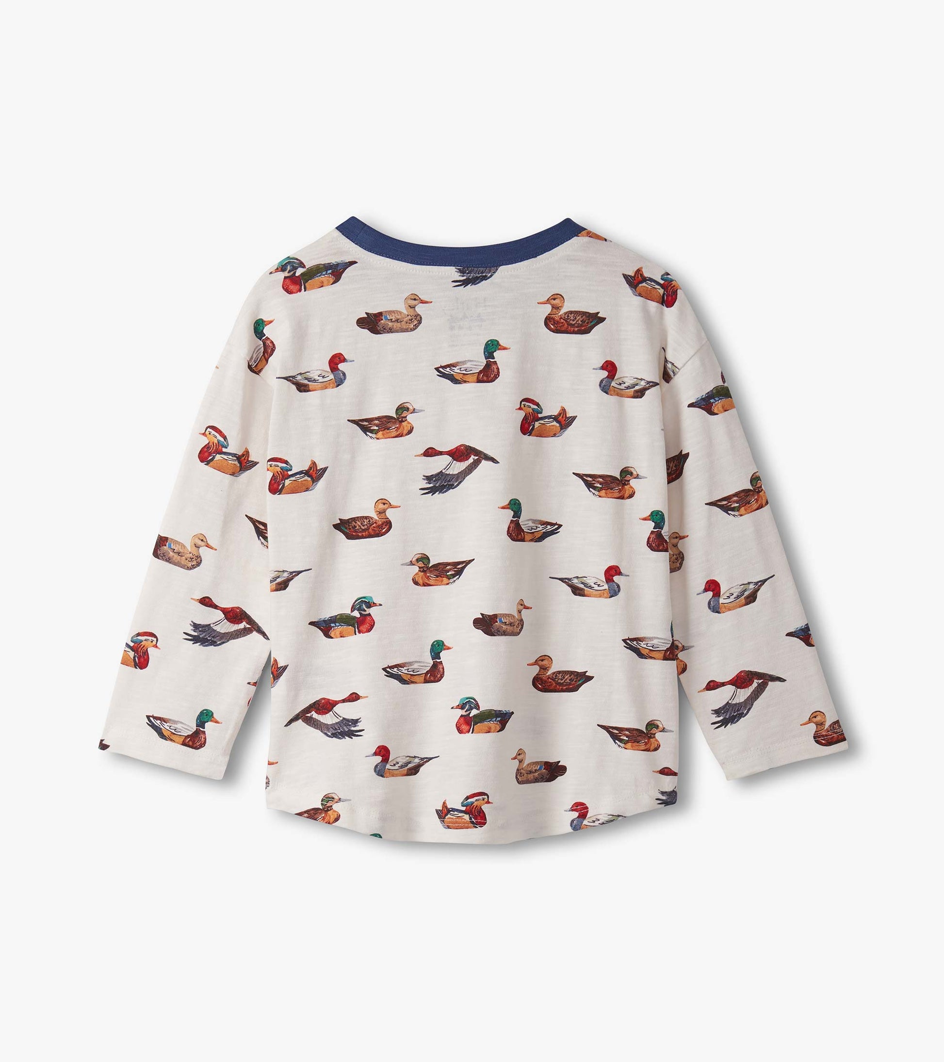 Long-sleeve lounge top featuring a playful duck decoy print on a light background with a navy collar.