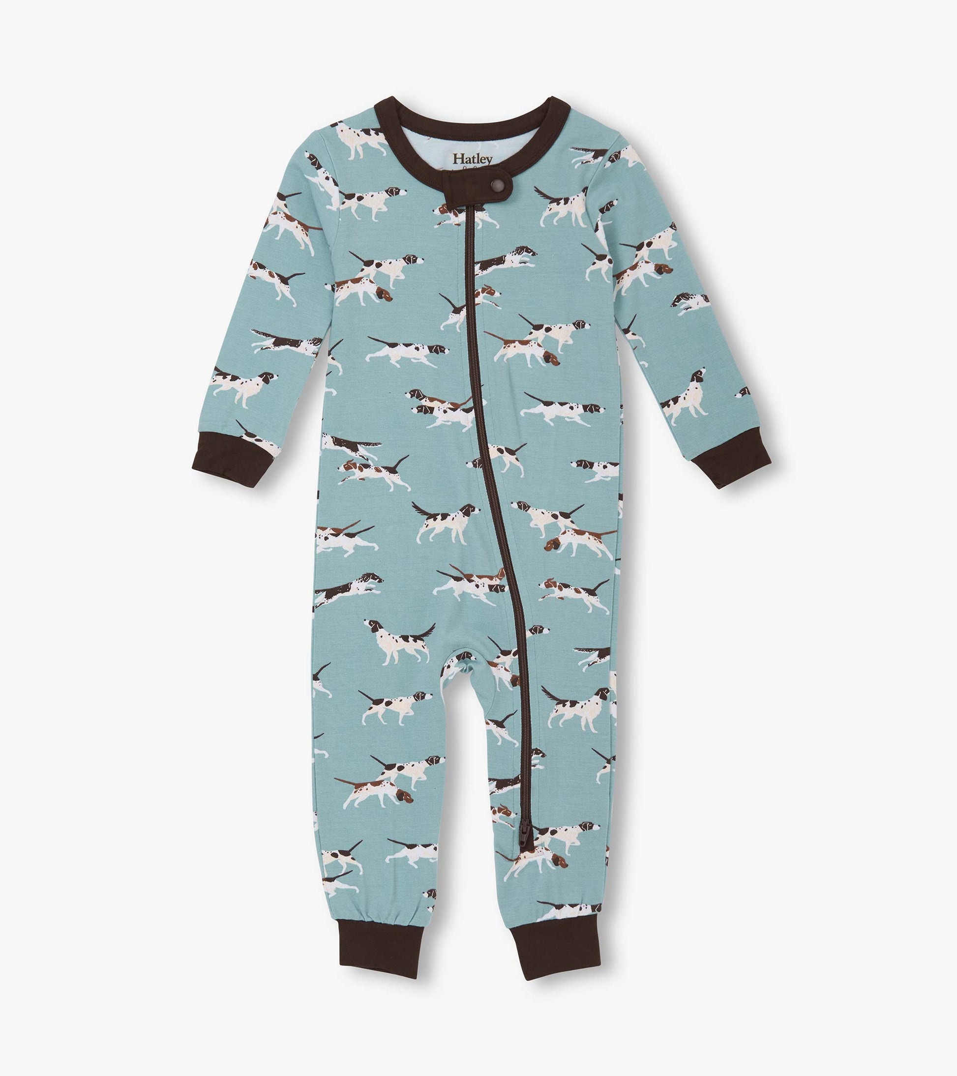 Light blue bamboo sleeper featuring a playful hunting dog pattern, with brown cuffs and a front zipper.