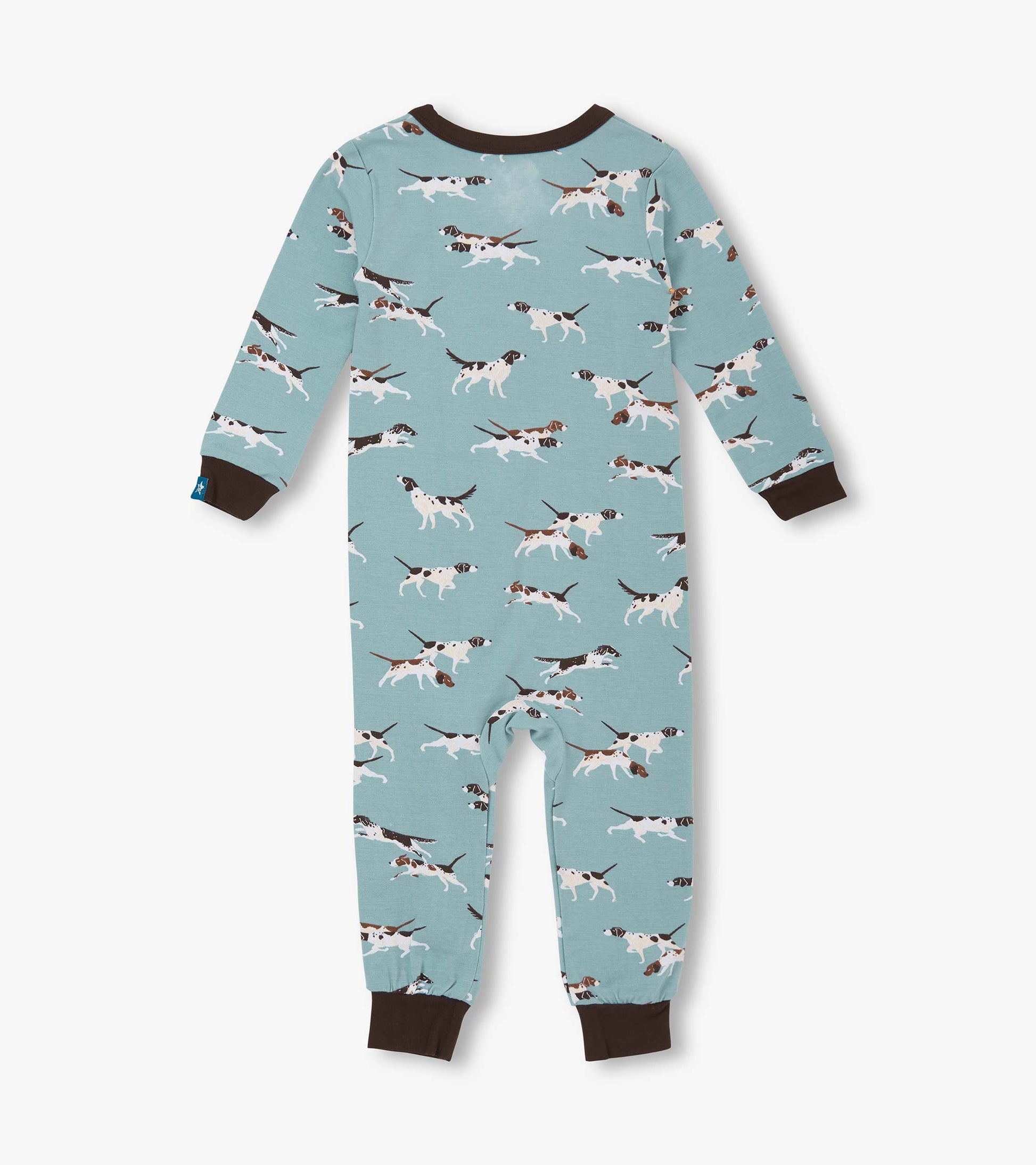Light blue bamboo sleeper featuring playful hunting dog patterns, with brown cuffs and neckline. Suitable for baby boys.